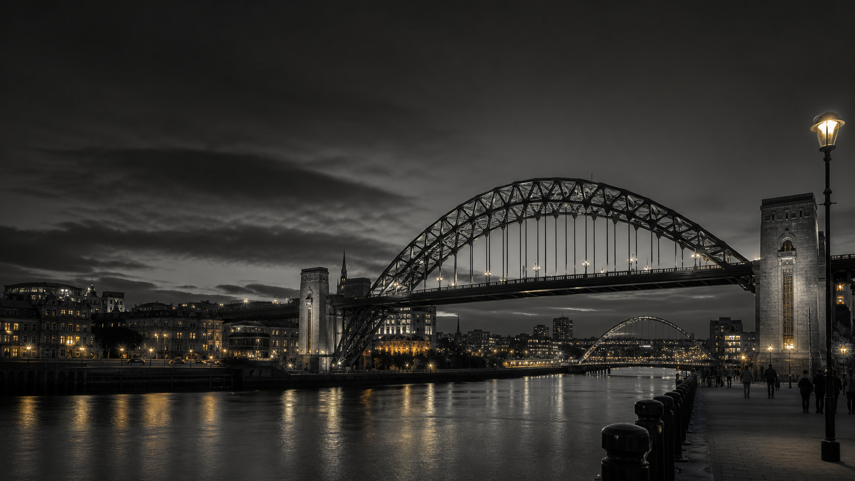 The Tyne Bridge and Newcastle Quayside at dusk